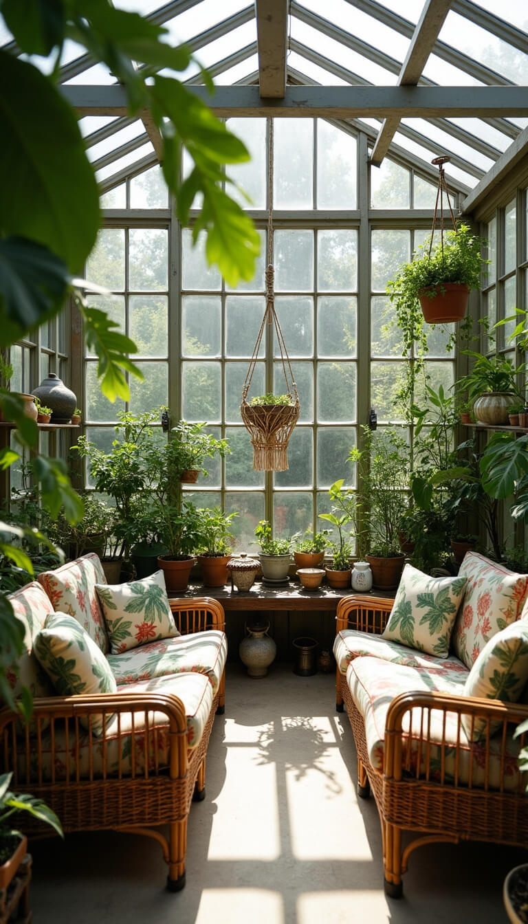 Sunroom with glass ceiling, rattan and vintage botanical furniture, tropical plants, hanging macramé planters, and curiosities on industrial shelves, lit by diffused afternoon light.
