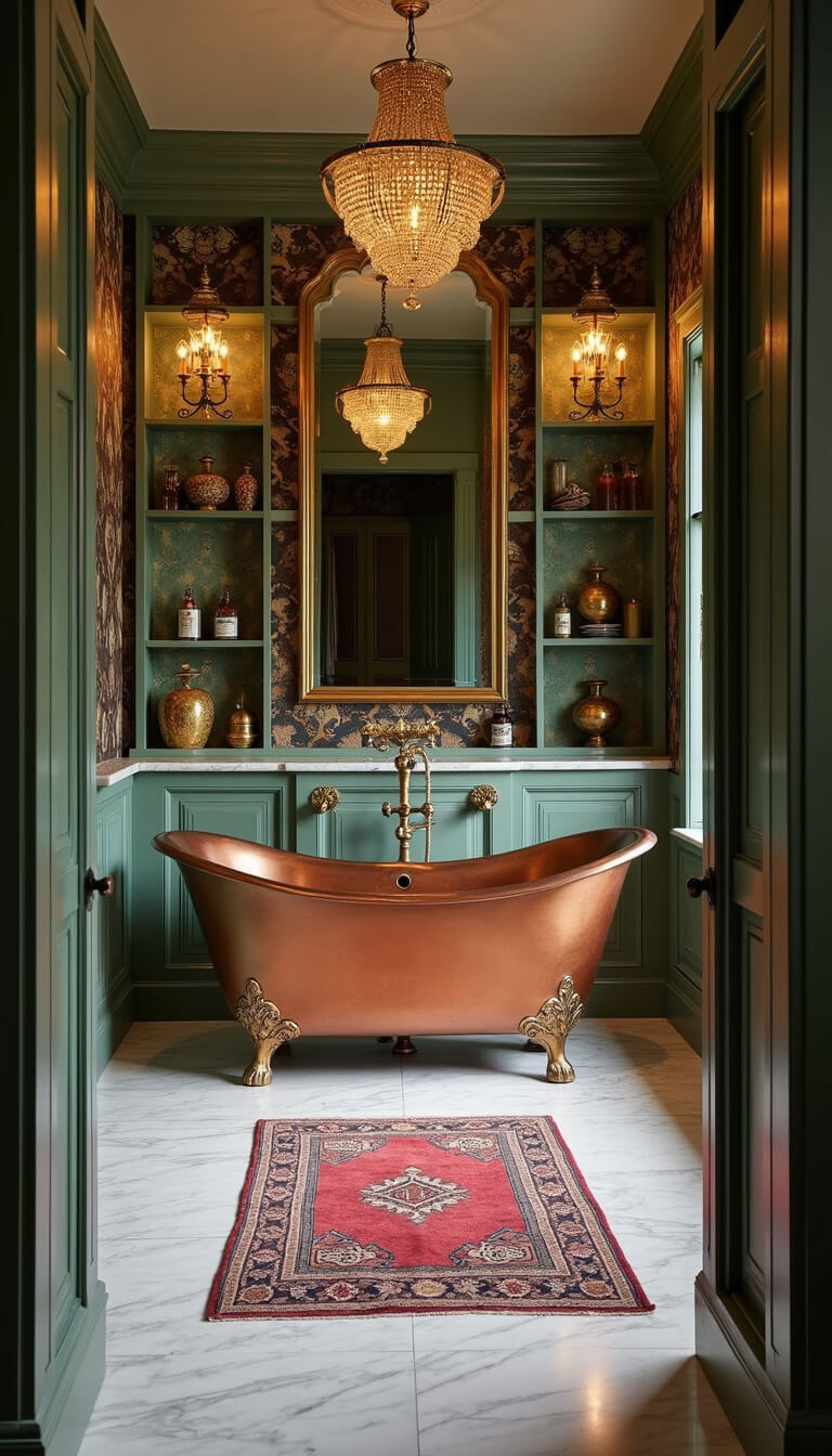 Luxurious master bathroom with copper freestanding tub, chandelier reflecting in antiqued mirror, vintage rug on marble floor, tropical wallpaper, and built-in shelves displaying eclectic decor.