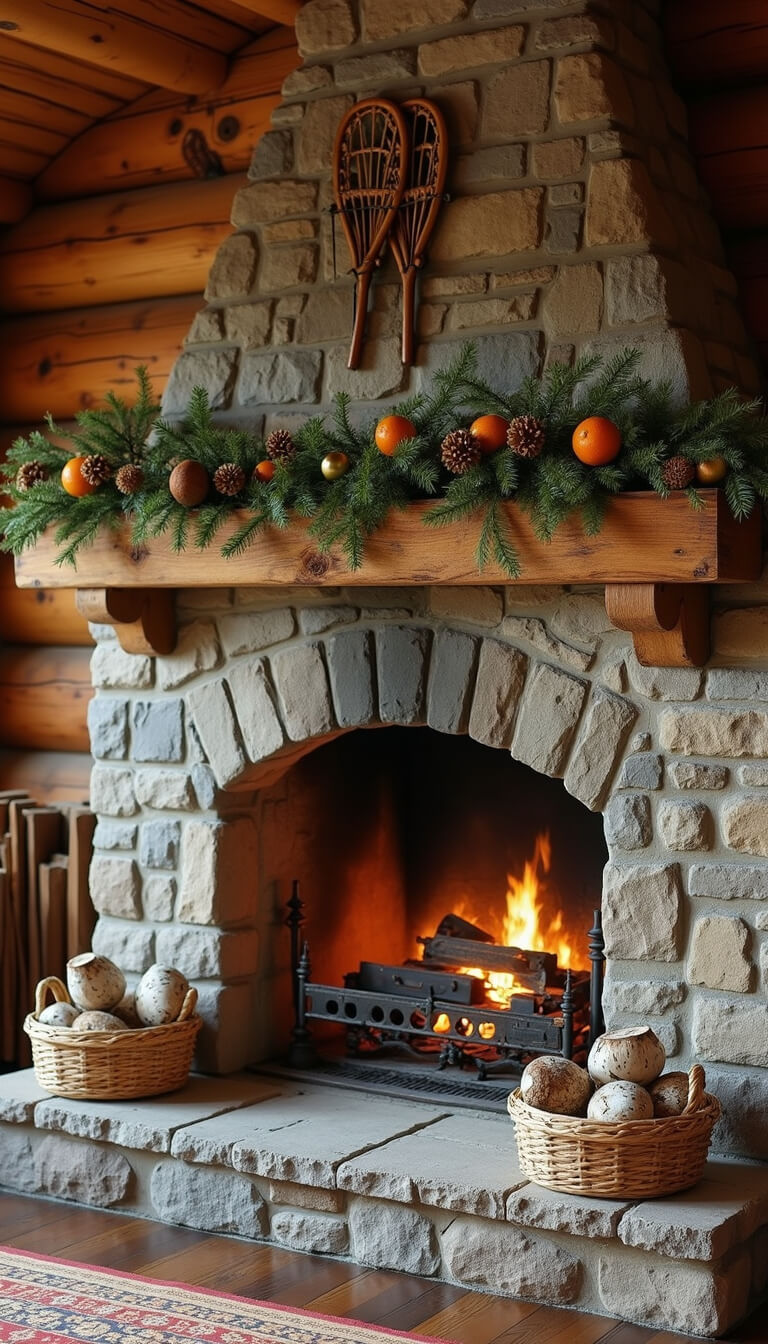 Rustic stone fireplace with wooden mantel decorated with pine garland, dried orange slices, and cinnamon sticks; birch log baskets, vintage snowshoes, and ice skates enhance the cozy cabin scene during golden hour.