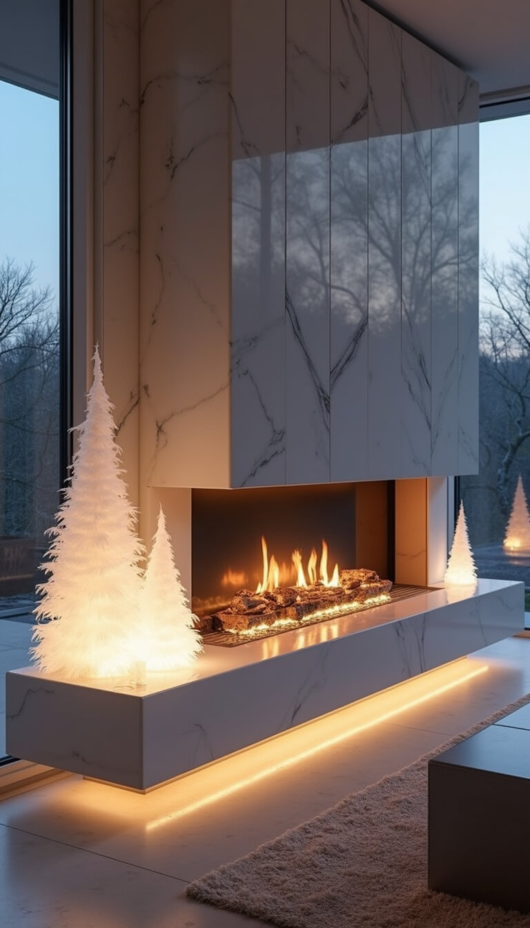 Floating contemporary fireplace at twilight with backlit white marble surround, geometric cut-outs, frosted white garland, ghost glass trees, and dramatic LED shadow lighting.