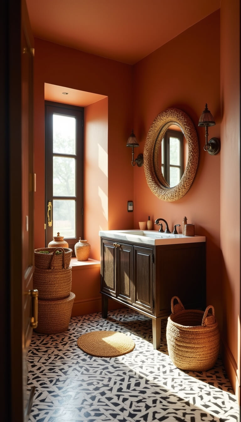Sunlit bathroom with terracotta accent wall, rattan mirror, dark wood vanity, geometric black and white floor tiles, woven baskets, and brass fixtures at golden hour.