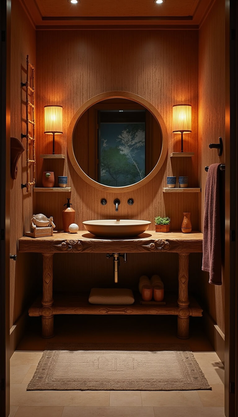 Intimate evening bathroom with carved wooden vanity, amber sconces, indigo textiles on bamboo ladder, ceramic vessels on floating shelves, and warm clay grasscloth wallpaper.