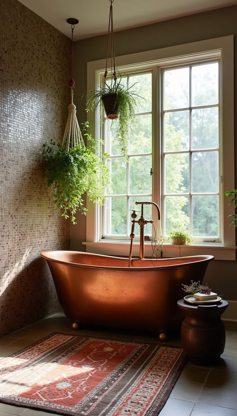 Spacious 10x12 bathroom with copper soaking tub, mosaic tile wall, hanging plants, Moroccan runner, and natural light from floor-to-ceiling windows.