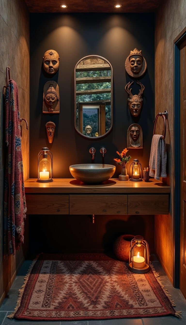 Cozy 7x9 bathroom at dusk with hurricane lantern lighting, black accent wall displaying tribal masks and woven platters, reclaimed teak floating vanity with ceramic vessel sink, vintage kilim rug on slate floor, and copper pipe towel rack with hand-loomed textiles.