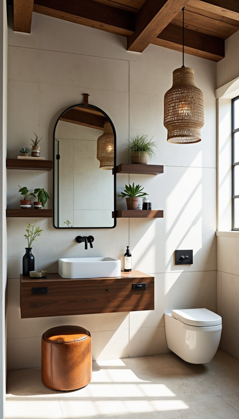 Light-filled 9x11 bathroom with exposed beam ceiling, limestone tile wall, arched mirror with leather strap, blackened oak shelves with artifacts and succulents, handwoven pendant light, and vintage leather stool under floating vanity.