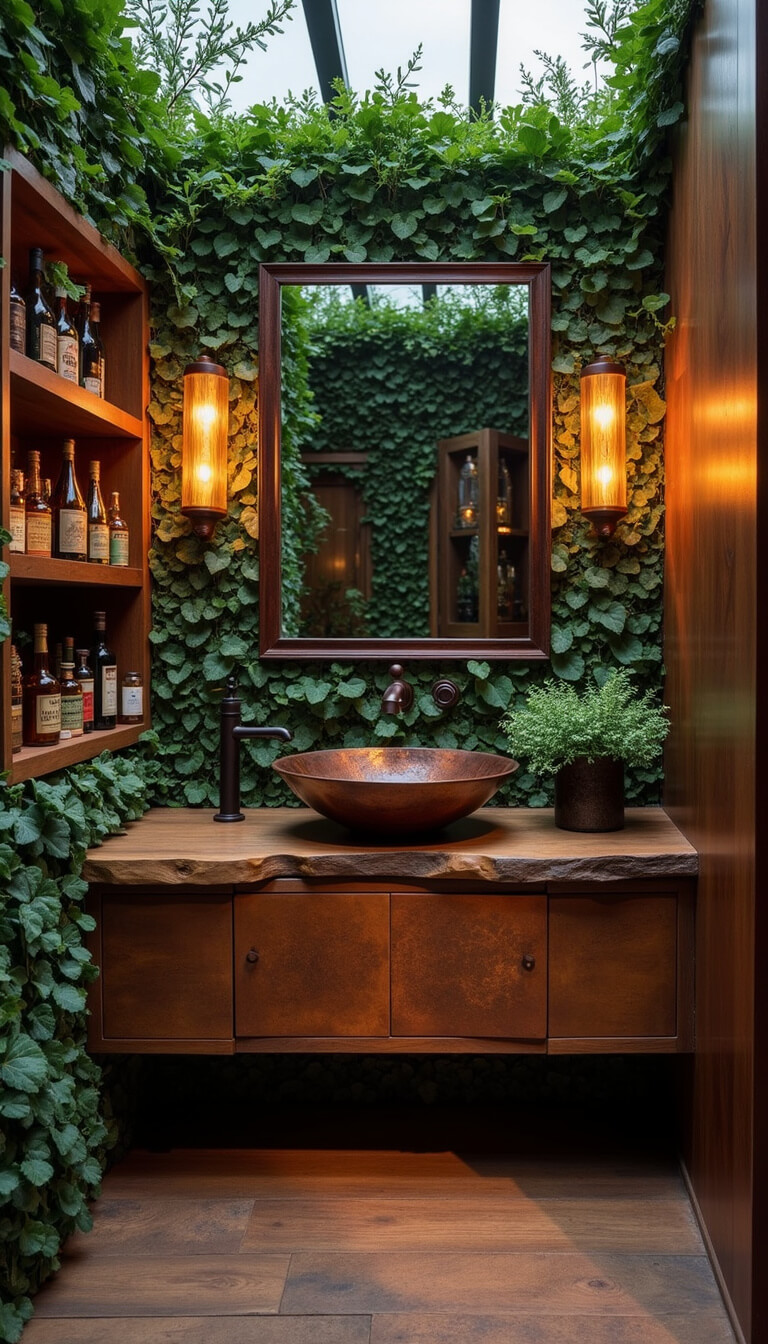 Twilight bathroom with live-edge wood vanity, hammered copper sink, vertical garden wall, ceramic sconces, and vintage apothecary bottles reflected in mirror.