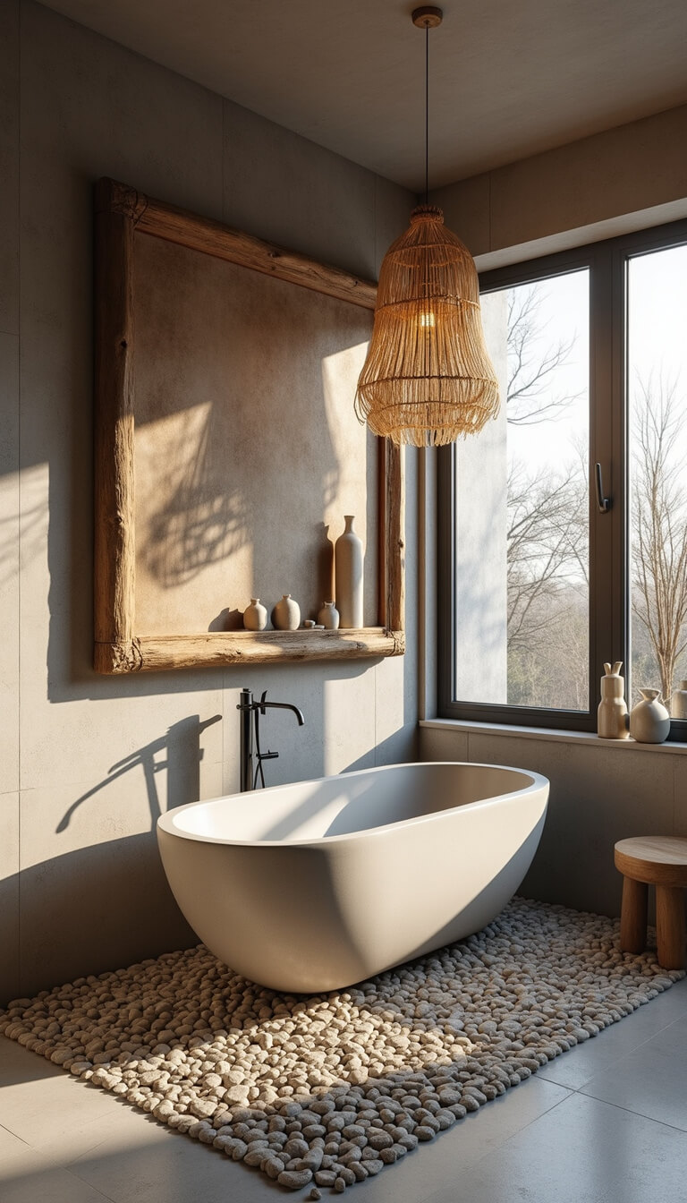 Airy 9x12 bathroom with floor-to-ceiling windows, concrete soaking tub on pebble mosaic floor, large carved wooden mirror, ceramic vessels on floating shelves, and woven grass pendant lights casting morning shadows.
