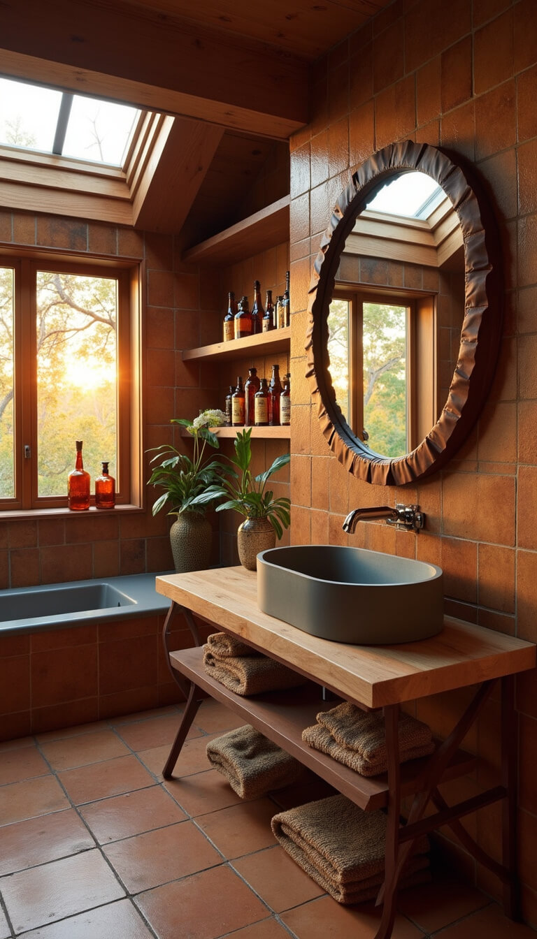 Moody 8x9 bathroom at sunset with earth-toned zellige tile statement wall, bleached oak vanity with concrete sink, vintage amber bottles on backlit shelves, and a round leather-wrapped mirror reflecting golden hour light.