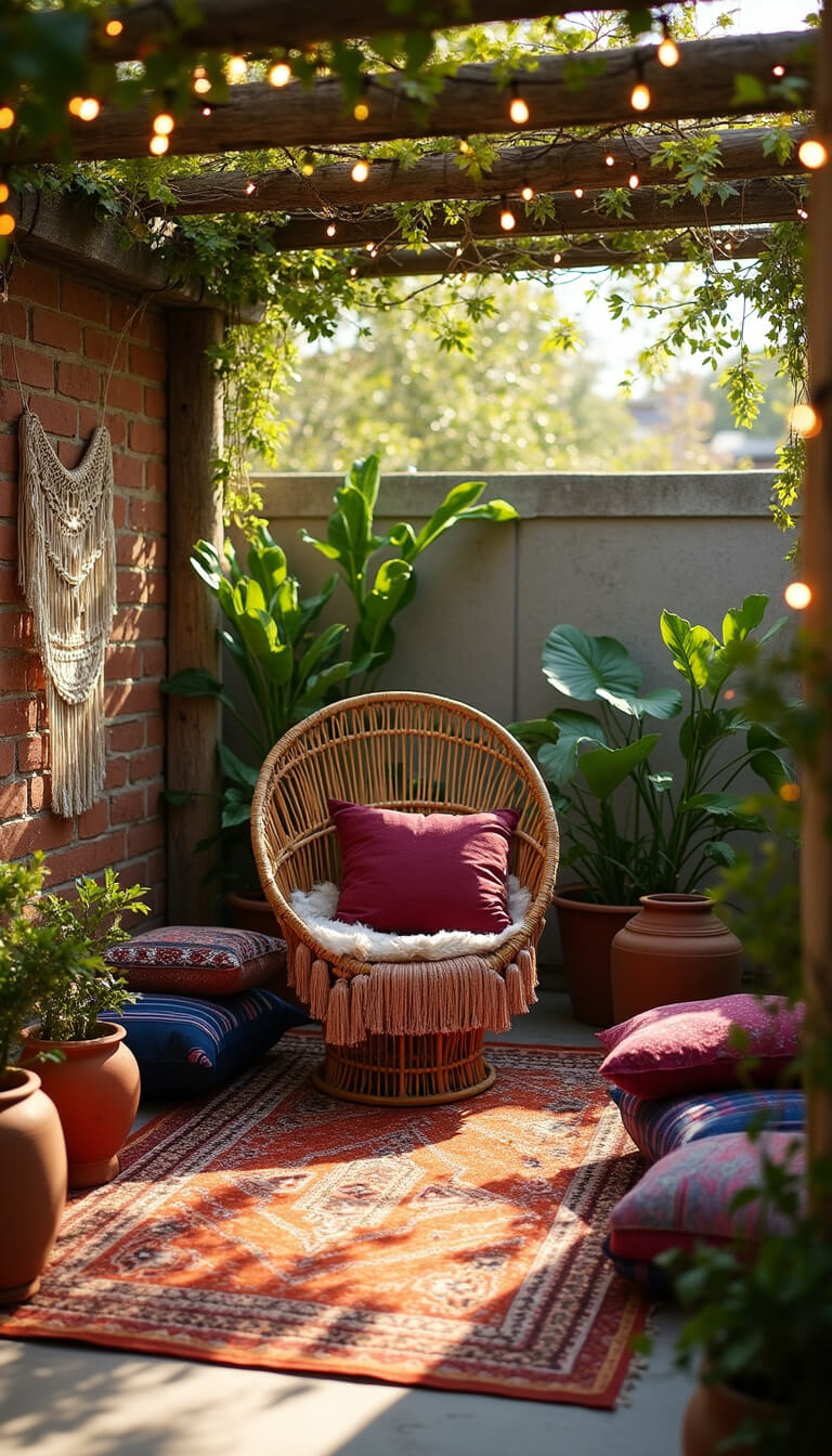 Bohemian patio with rattan peacock chair, vintage rugs, terra cotta planters, and string lights under pergola at golden hour.