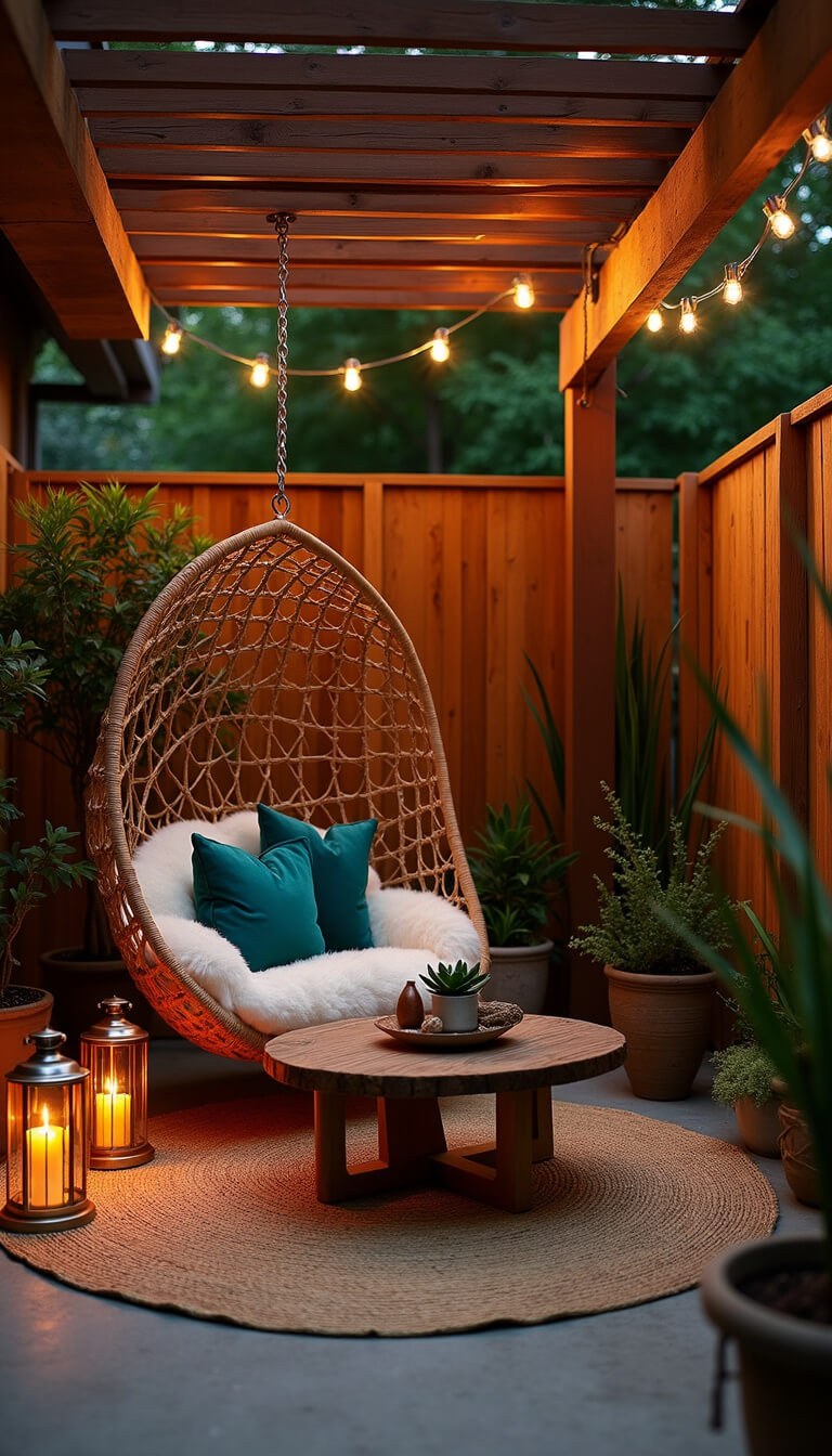 Cozy evening patio nook under wooden pergola with rattan egg chair, moody lantern lighting, distressed coffee table, and bamboo screens.