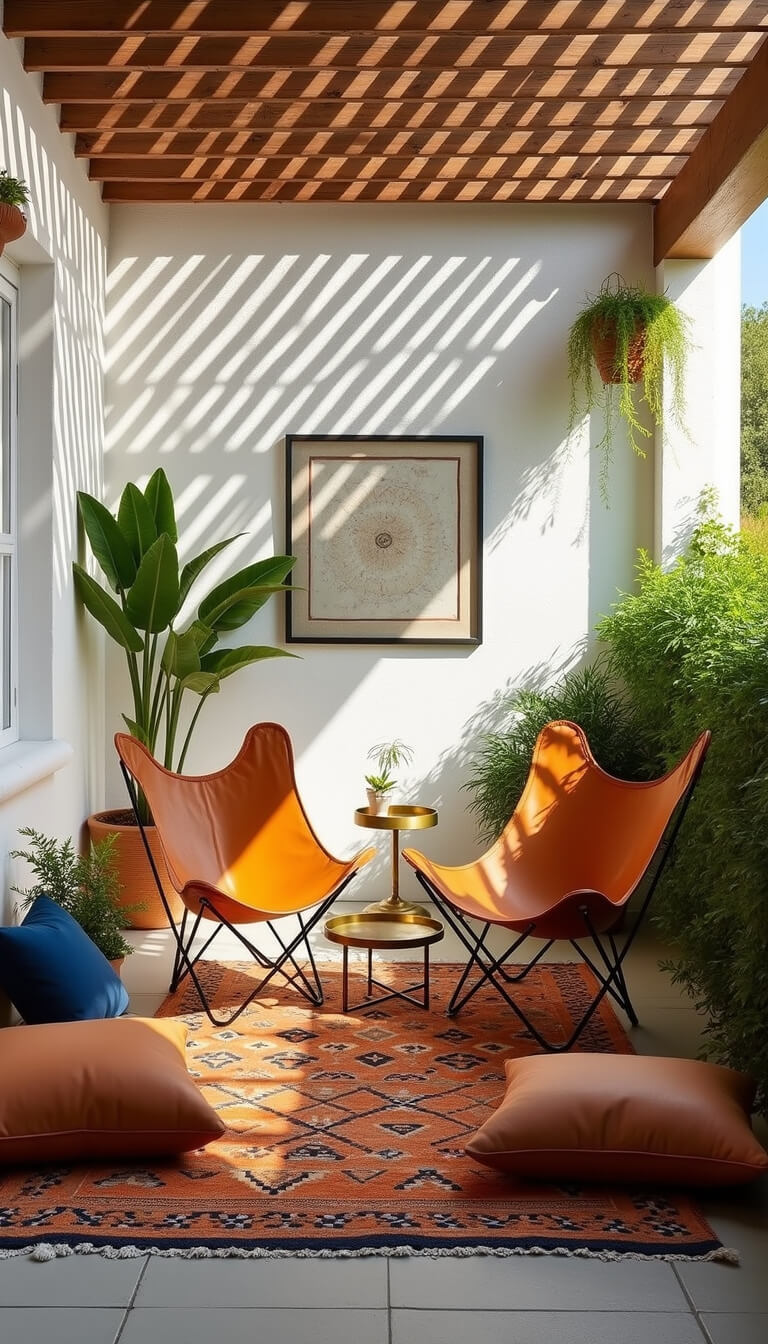 Sunlit corner patio with whitewashed stone walls, butterfly chairs, kilim rug, low brass table, and lush greenery.