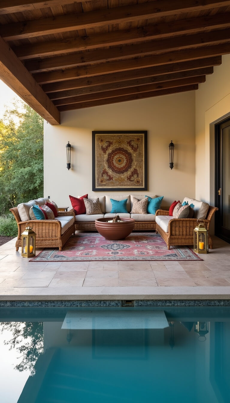 Covered poolside lounge with vintage rattan seating, mud cloth cushions, ceramic fire bowl, layered Turkish rugs, and afternoon light reflecting off pool into ceiling beams.
