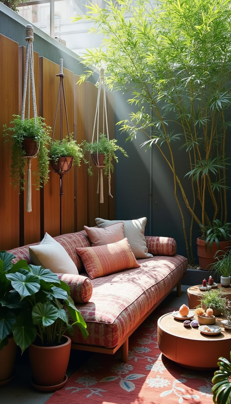 Cozy 9'x9' courtyard garden with timber screens, misty morning light, bamboo in pots, a low daybed with patterned textiles, Moroccan table with crystals and air plants, and hanging philodendron plants.