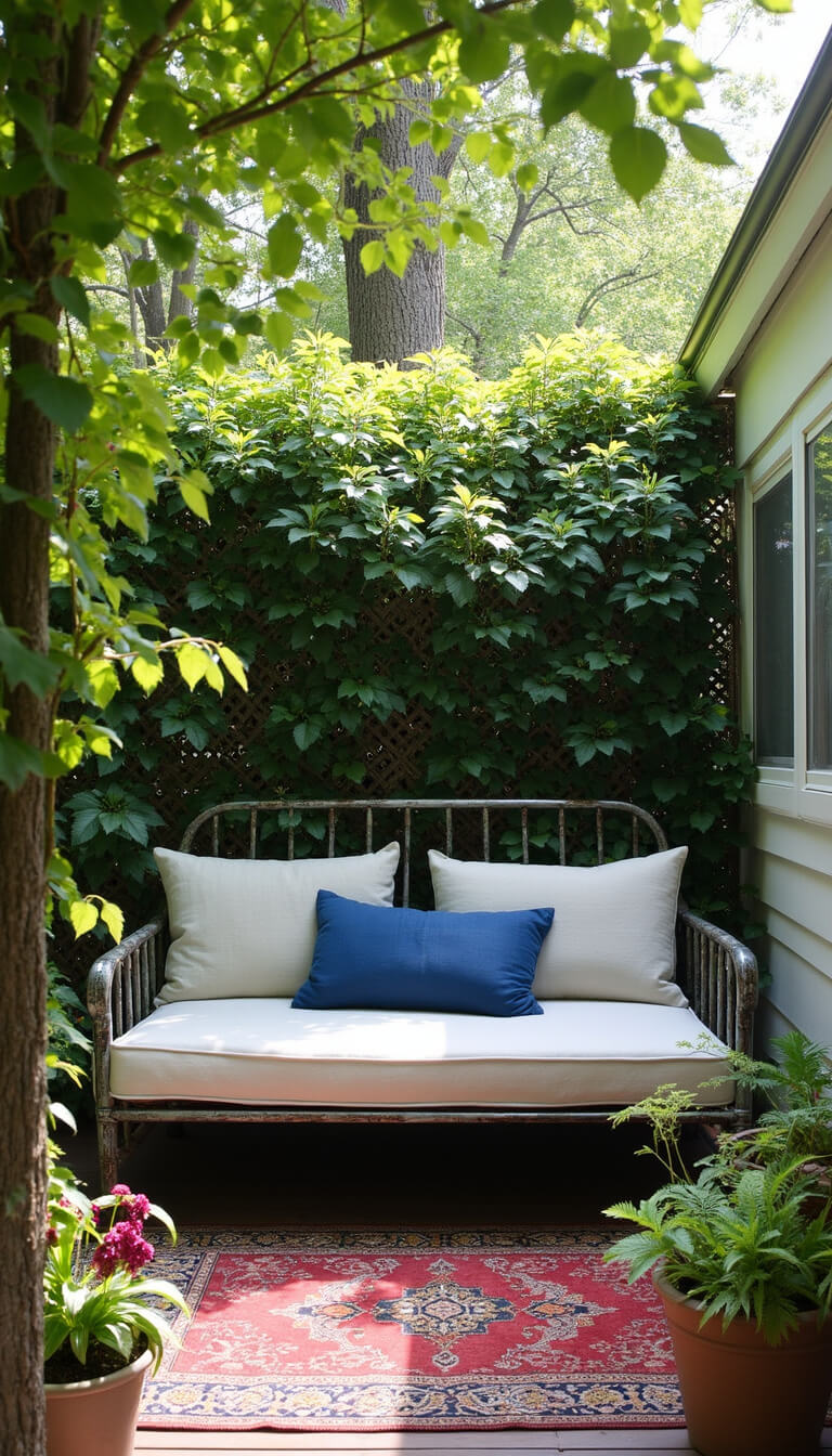 Cozy secret garden patio with vintage iron daybed, indigo pillows, Persian rug, ceramic planters of ferns and orchids, surrounded by climbing jasmine and dappled sunlight through trees.