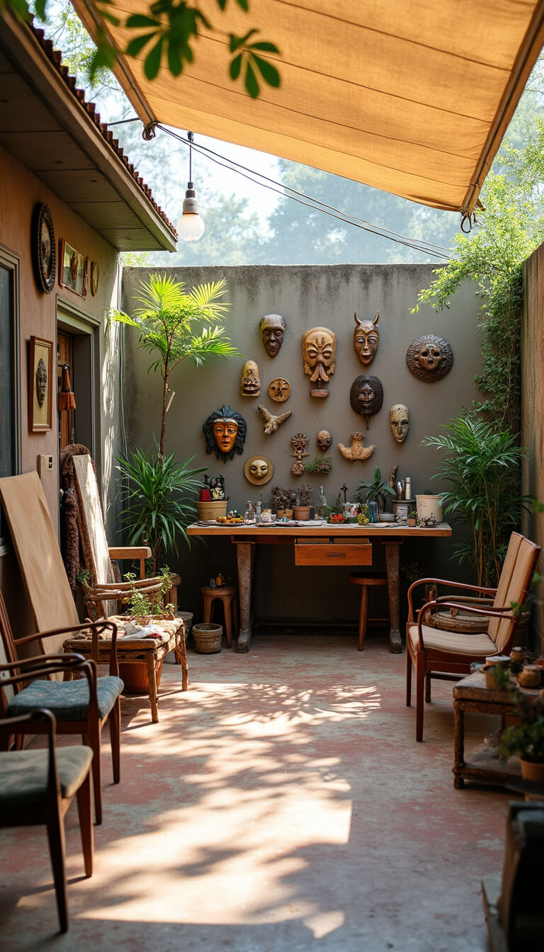 Artist's patio studio with painted concrete floor mural, vintage chairs around low wood pallet table, gallery wall of masks, mirrors, and hanging plants, and drafting table bar with global artifacts under diffused morning light.