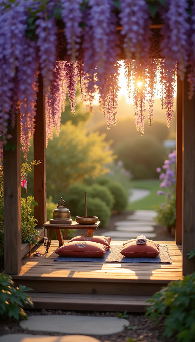 Meditation corner under blooming wisteria at golden hour with floor cushions, singing bowls, incense holders, prayer flags, and wind chimes on wooden platform.