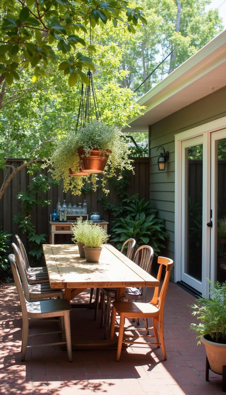 Brunch patio with reclaimed brick floor, vintage chairs, and wood table under dappled sunlight; hanging copper herb planters and a styled bar cart complete the cozy outdoor setup.