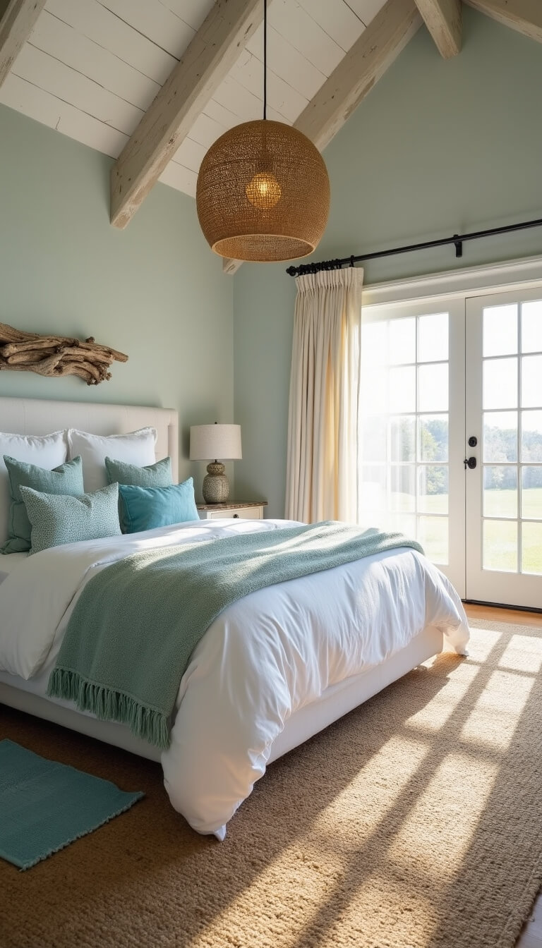 Sunlit coastal-style bedroom with Ocean Air-painted walls, white linen bed, textured blue throws, billowing sheer curtains, rattan pendant light, and driftwood wall art at golden hour.