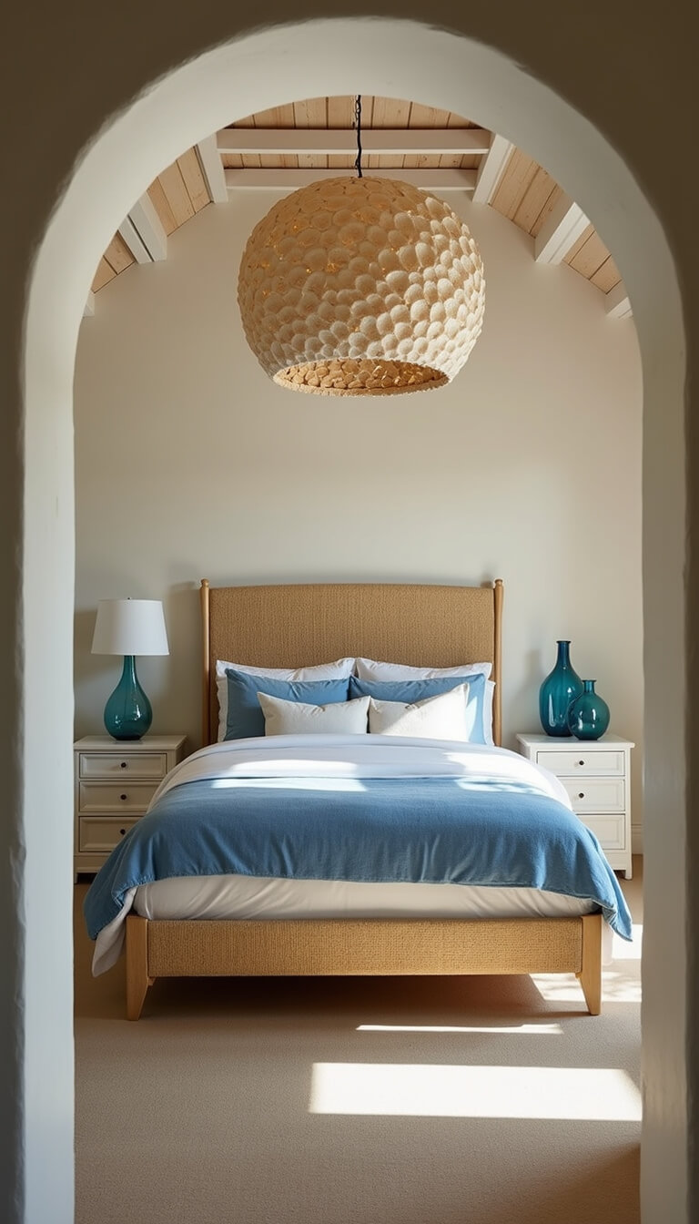 Cozy 12x12 guest bedroom at dawn with seagrass headboard, blue ombré bedding, white beams, capiz chandelier, and morning-lit glass vases.