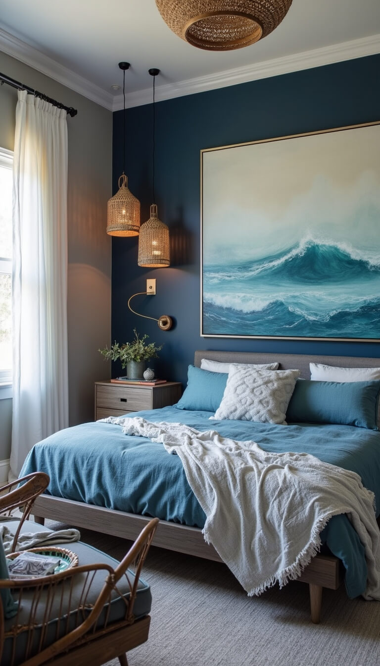 Twilight view of stylish 16x18ft primary bedroom with navy accent wall, king canopy bed in blue linens, ocean artwork, woven pendant lights, and rattan chair with throws.
