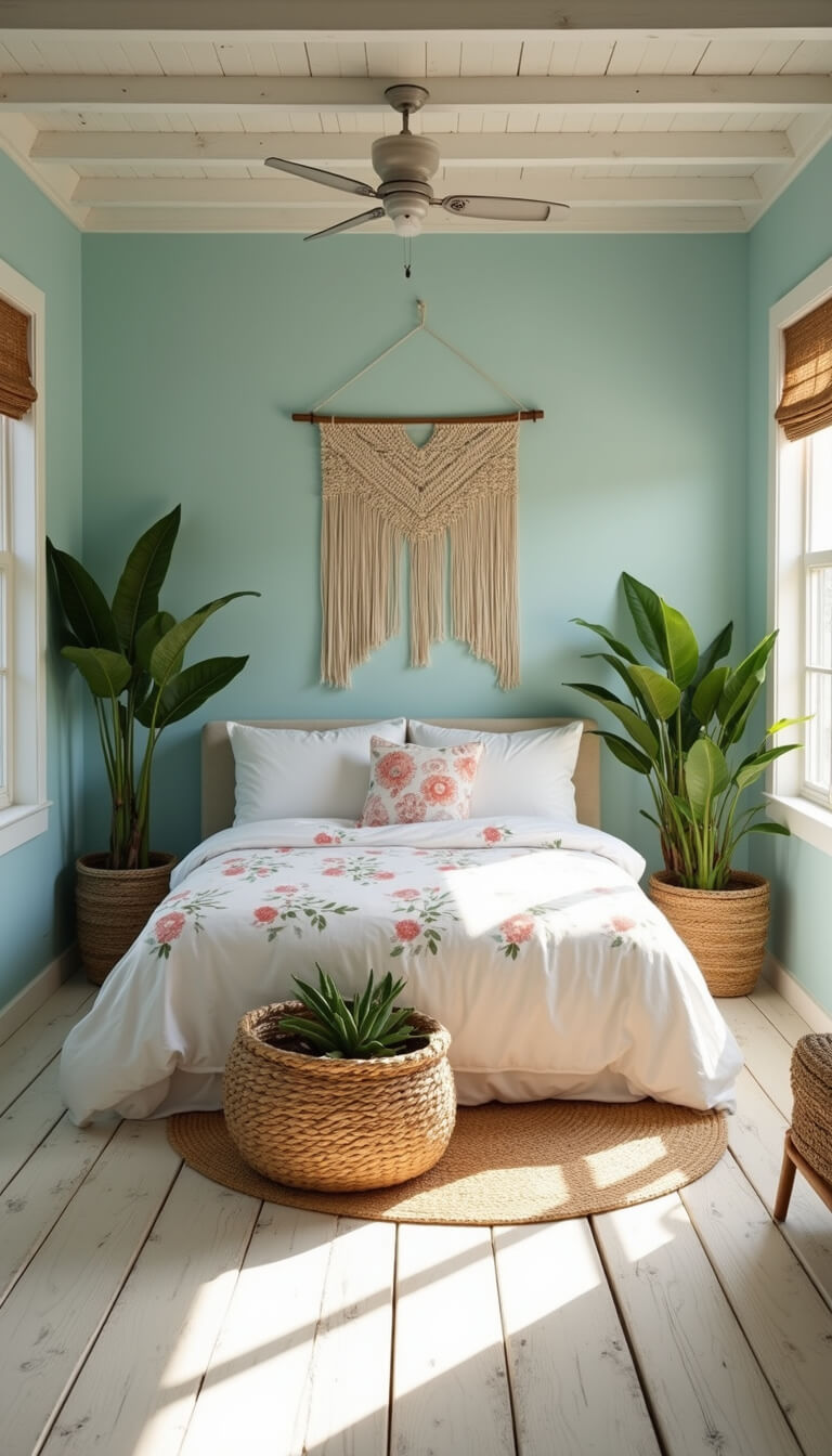 Bird's eye view of sunlit coastal bedroom with white linen bed, coral accents, seagrass baskets, potted palms, and natural decor on pale aqua walls.
