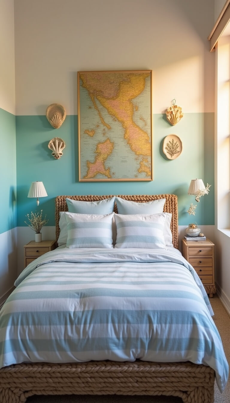 Eye-level view of a 13x14ft bedroom at sunset with ombré seafoam walls, nautical rope-wrapped platform bed with striped bedding, vintage maps and coral on the wall, and capiz shell wind chimes glowing in golden light.