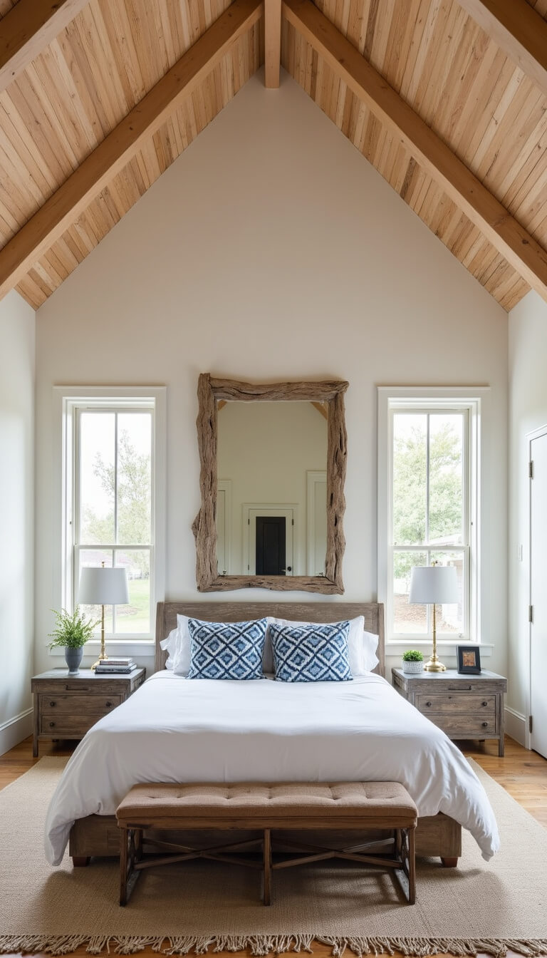 Wide-angle view of master suite with vaulted ceilings, California king bed, floor-to-ceiling windows, driftwood mirror, and layered natural fiber rugs.