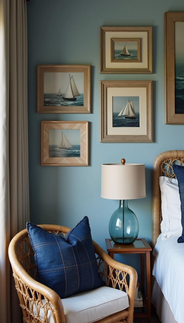 Cozy bedroom corner at dusk with gray-blue walls, vintage sailing photos, rattan chair, indigo pillow, and rope-accented glass lamp.