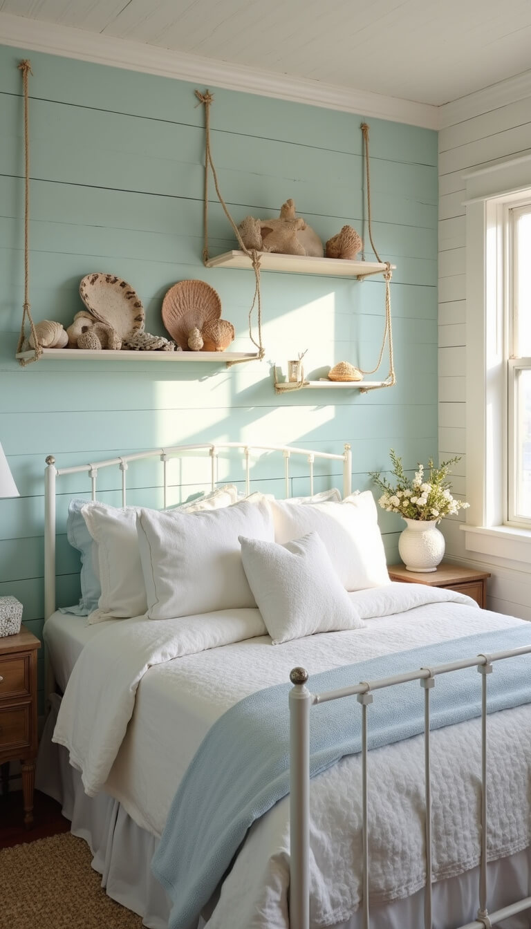 Cozy 16x16ft white shiplap bedroom at dawn with sea glass accent wall, white iron queen bed, rope shelving, and glass floats catching morning light.