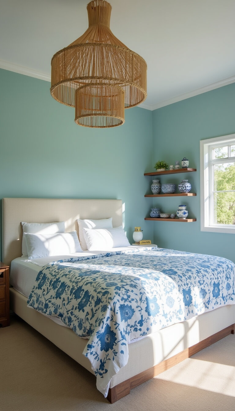 Ground-level view of aqua bedroom with king bed, block print bedding, seagrass pendant, and blue-white ceramics on shelves.