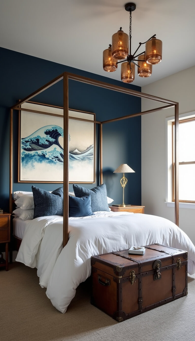 Golden hour side-lit diagonal view of a 17x19ft bedroom with warm white walls, navy accent wall, white canopy bed with blue pillows, abstract wave artwork, clustered copper and glass pendant lights, and vintage trunk bench.