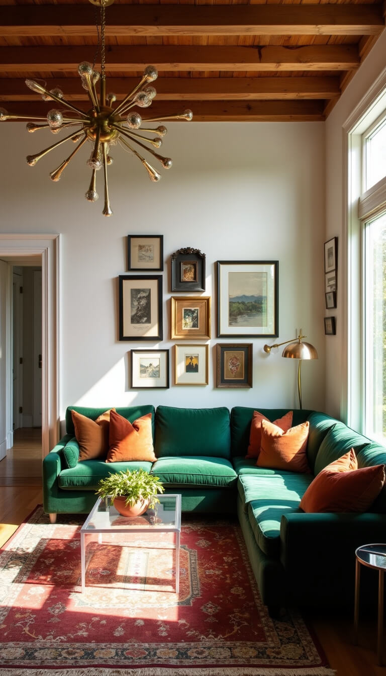 Sunlit living room with emerald green velvet sofa, vintage silk pillows, exposed wooden beams, Persian rug, lucite coffee table, brass Sputnik chandelier, and eclectic gallery wall, viewed from doorway at golden hour.