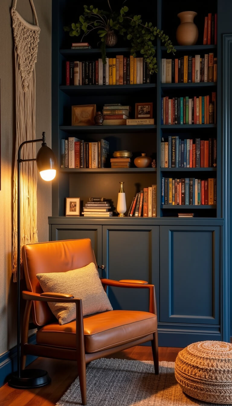 Cozy 10x12ft reading nook at dusk with warm lighting from vintage floor lamp, mid-century leather chair, Moroccan pouf, navy bookshelves filled with color-coded books and brass decor, macramé wall hanging, and earthy ceramic vessels.