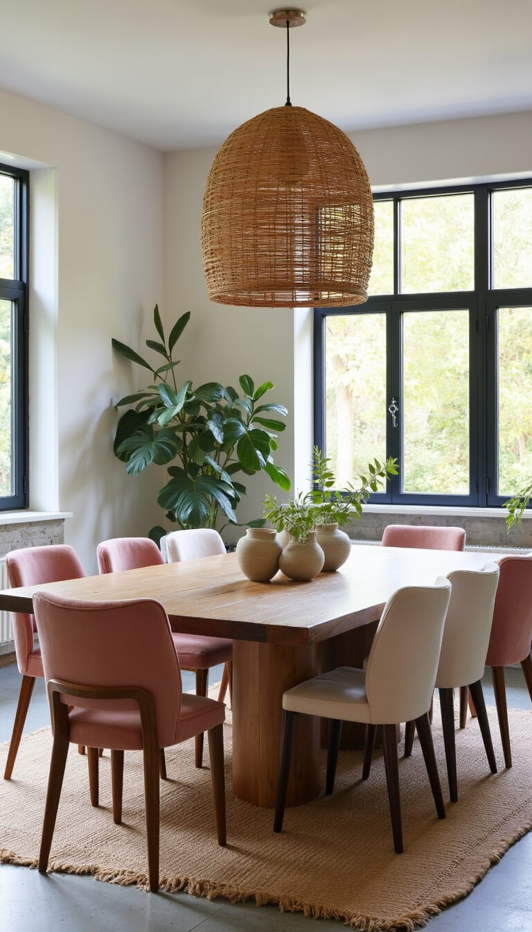 Bird's eye view of a sunlit 12x14ft dining room with reclaimed wood table, pastel vintage chairs, terrazzo floor, sisal rug, rattan pendant lamp, vintage pottery, and eucalyptus centerpiece.