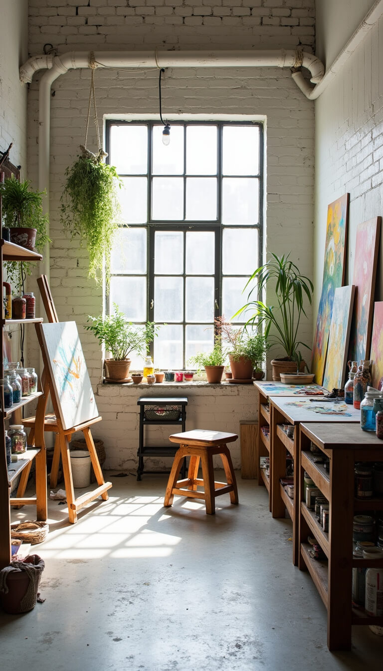 Bright artist's studio with whitewashed brick walls, large industrial windows, easel and vintage stool, colorful art supplies on open shelves, hanging plants, and abstract canvases against walls.