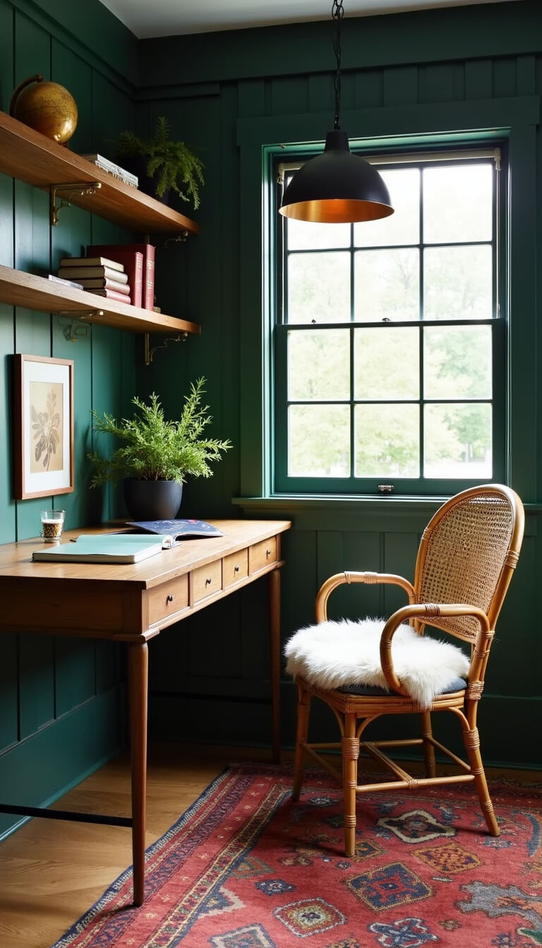 Cozy 10x12ft home office with forest green built-in desk, rattan peacock chair, floating copper shelves, matte black pendant light, trailing plants, and vintage kilim on oak flooring.