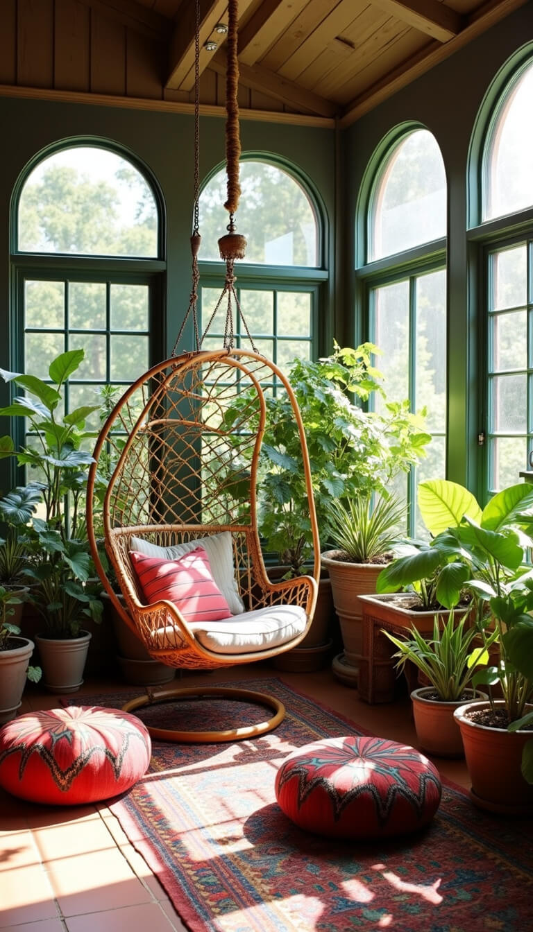 Bohemian sunroom with hanging rattan chair, potted palms, kilim poufs on terra cotta tiles, and arched windows showcasing garden views.