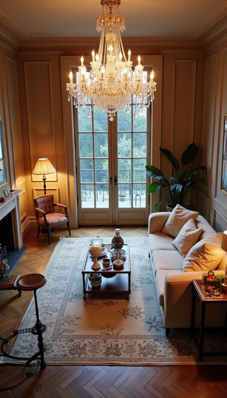 Elegant 18x20ft living room at dusk with original moldings, crystal chandelier, curved bouclé sofa, vintage bar cart, herringbone floors, and silk rug, shown from high angle.