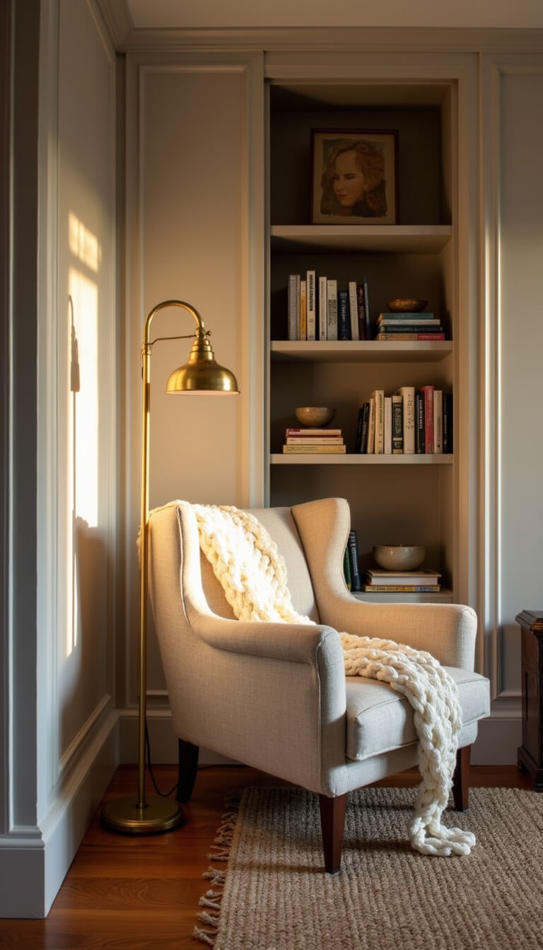Cozy reading nook in guest room at dusk with oversized linen armchair, ivory knit throw, brass floor lamp, built-in bookshelves, and jute rug over hardwood floors.
