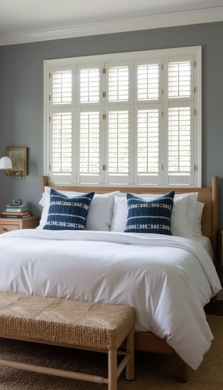Guest bedroom with queen bed in white linens, indigo pillows, rattan bench, floating nightstands, and morning light through plantation shutters.