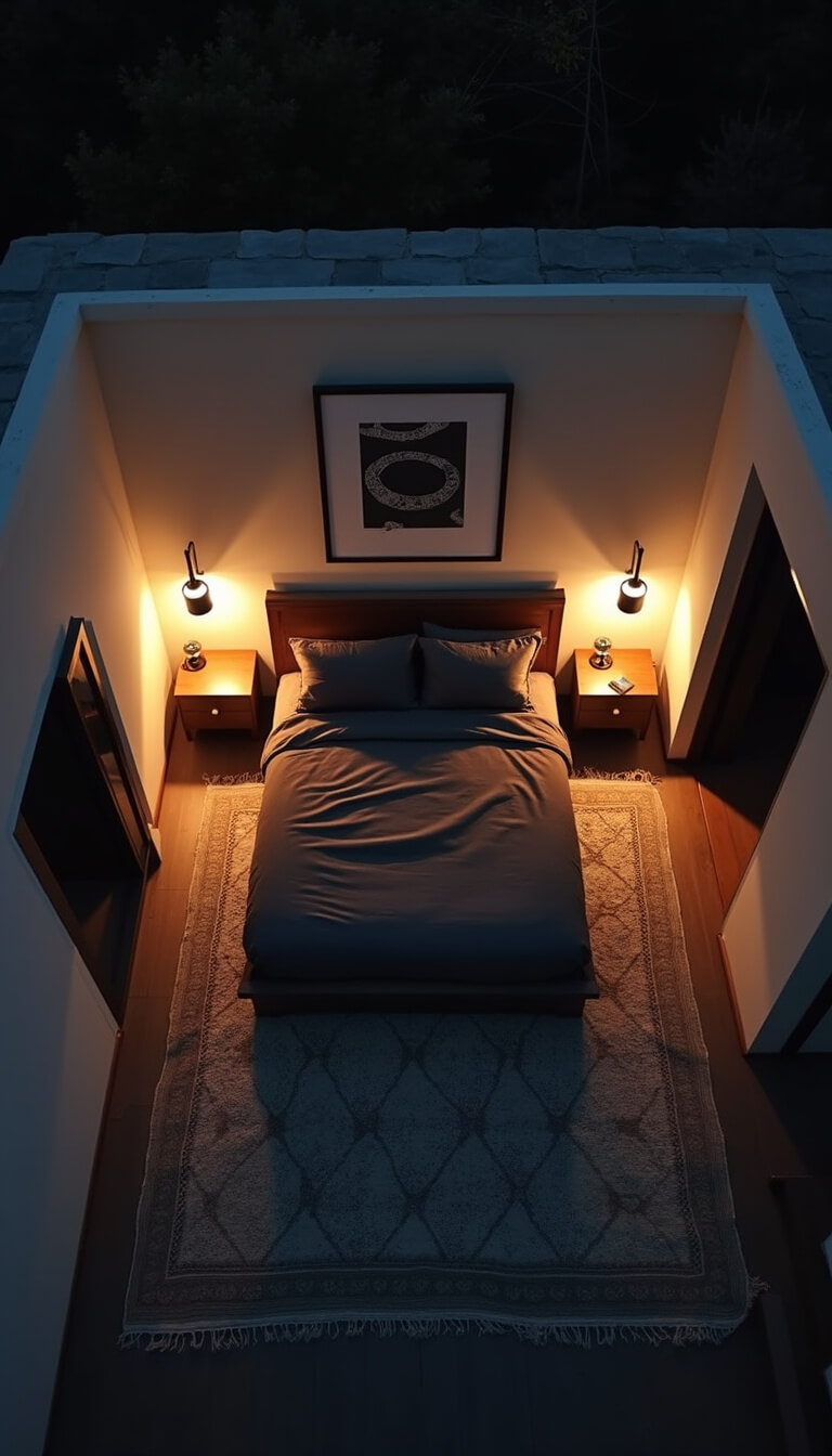 Minimalist 9'x11' guest suite at twilight with low-profile charcoal bed, geometric Moroccan rug, moody lighting, and black and white gallery wall.