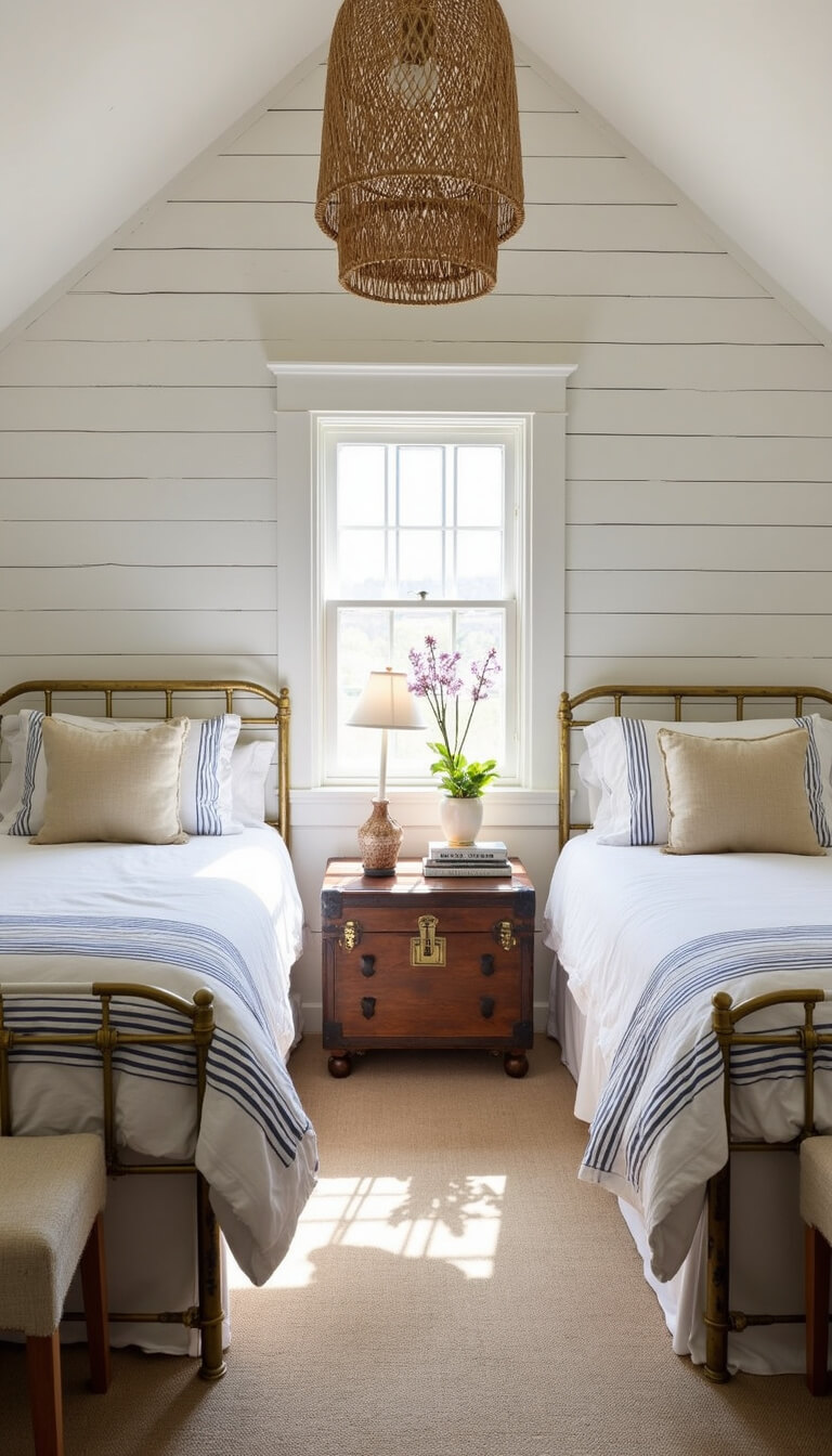 Coastal-themed 10'x12' bedroom with white shiplap walls, seagrass wallpaper, twin brass beds with striped linens, vintage trunk nightstand, and woven pendant light.