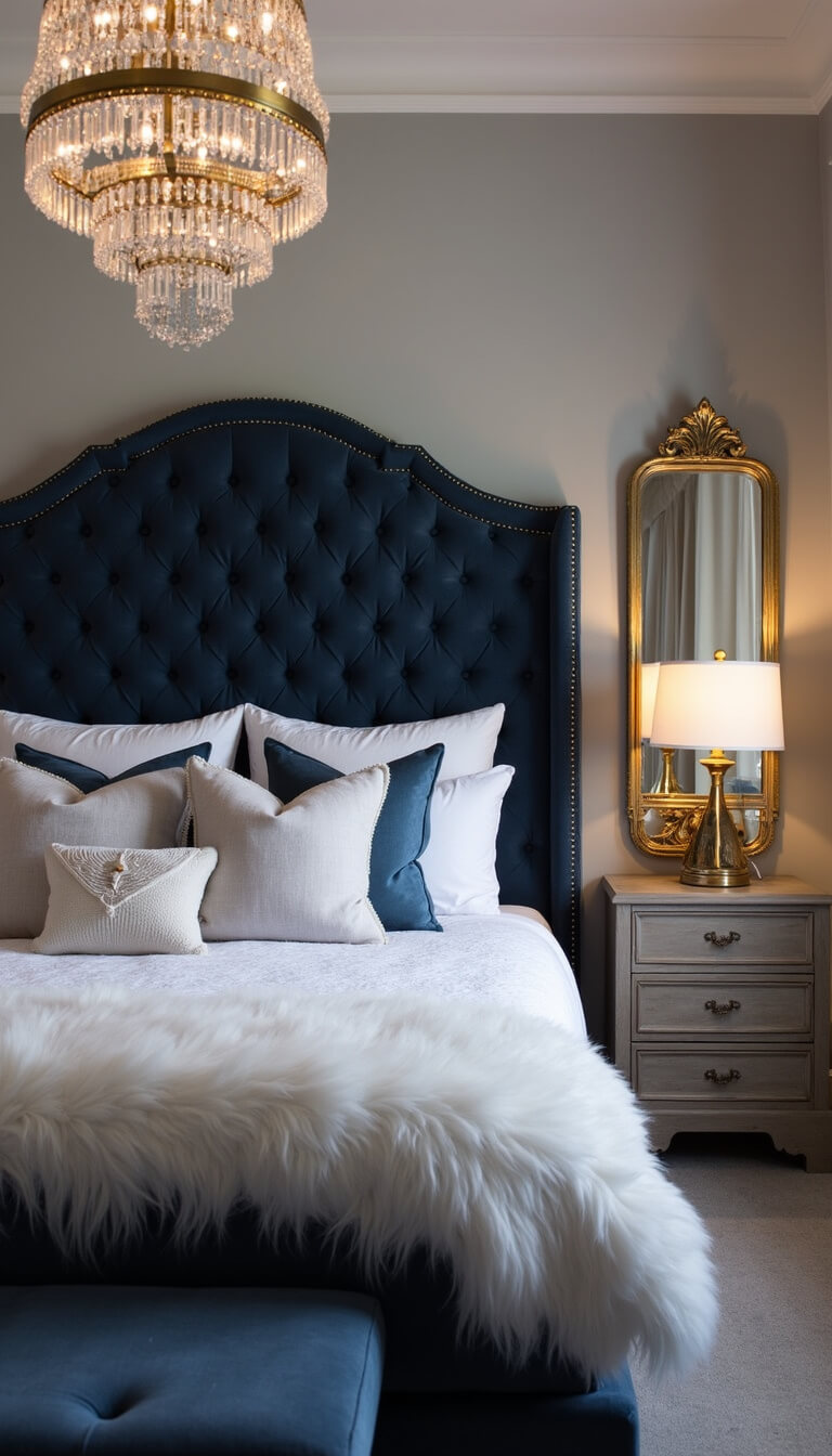 Cozy guest retreat with navy tufted headboard, layered white and gray bedding, faux fur accents, dimmed crystal chandelier, brass details, and antique mirror, viewed through doorway.