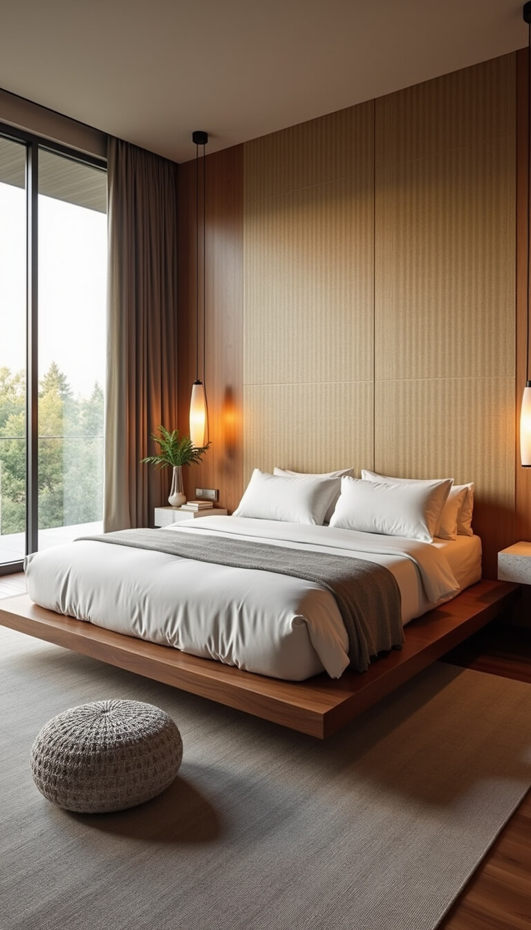 Mid-century modern guest room with walnut platform bed, gold geometric wallpaper, terrazzo side tables, and floor-to-ceiling sheer windows diffusing sunrise light.