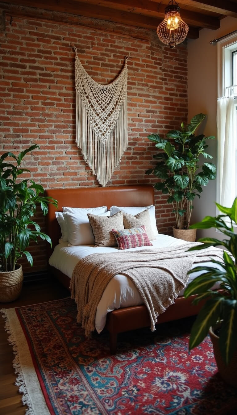 Bohemian guest suite at blue hour with exposed brick wall, macramé above leather headboard, vintage jewel-tone rug, potted plants, and woven baskets, viewed from low angle.
