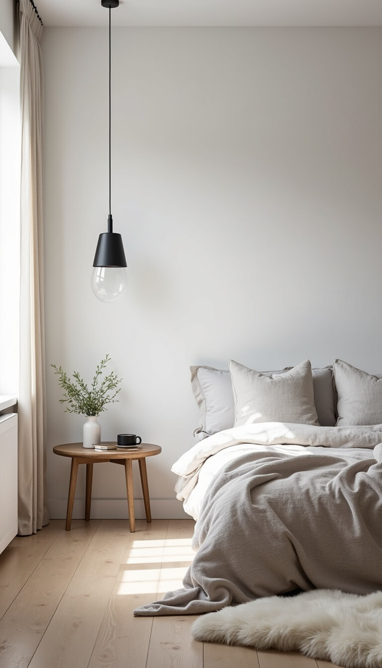 Scandinavian-style bedroom with pale wood floors, white walls, linen bedding in gray tones, matte black pendant light, and sheepskin throws in minimalist morning light.