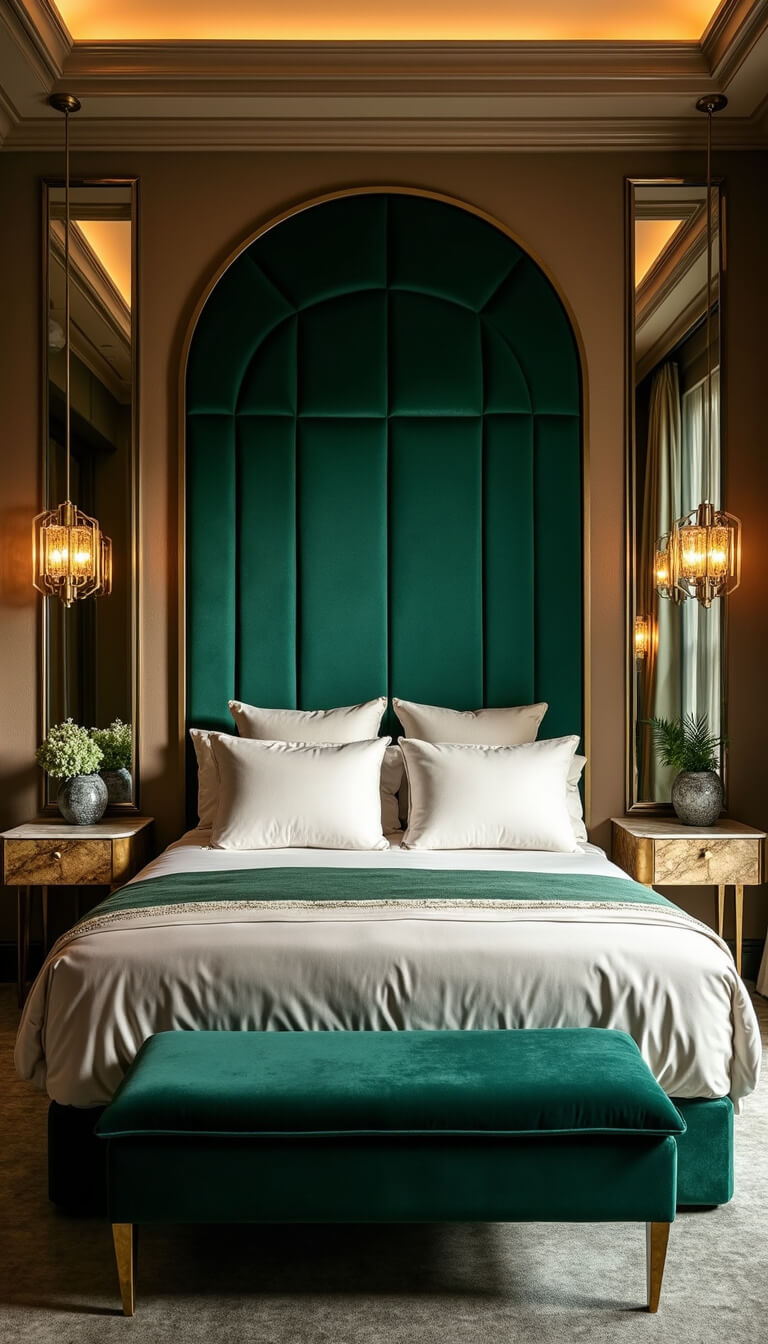 Art deco guest room with emerald green velvet headboard, brass geometric lights, marble nightstands, silk drapes, and black-and-white photo gallery, lit by golden hour sunlight.