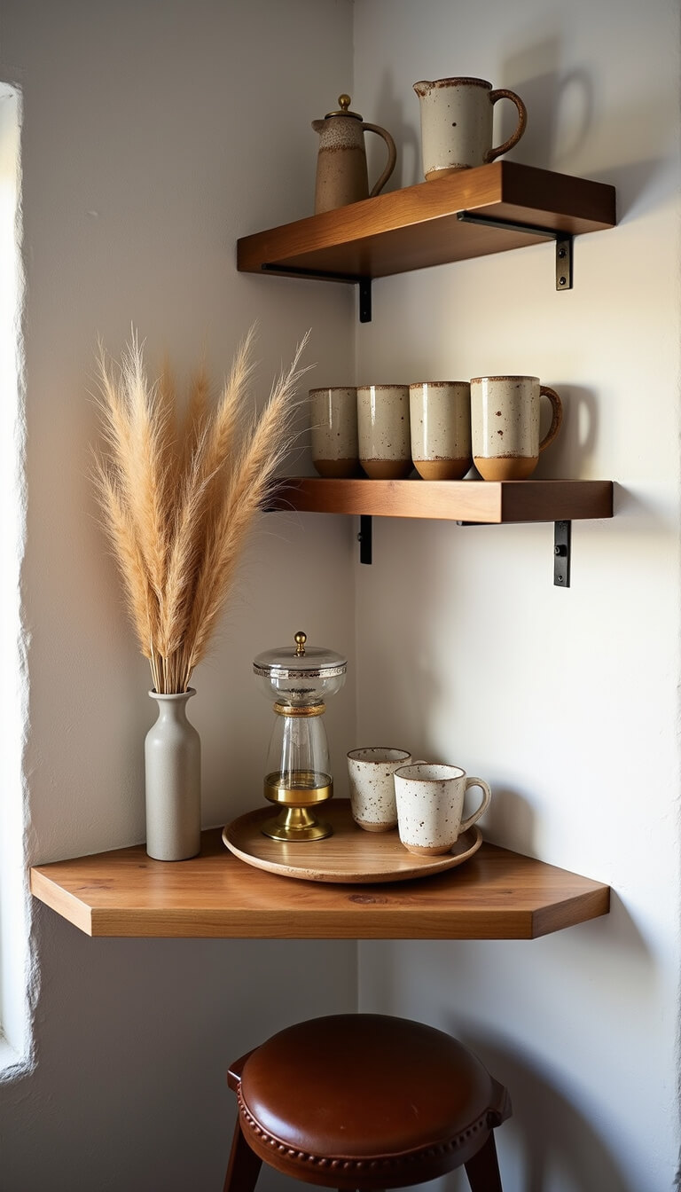 Modern boho coffee station with ceramic mugs, brass grinder, pour-over setup, and pampas grass on floating shelf above leather stool.