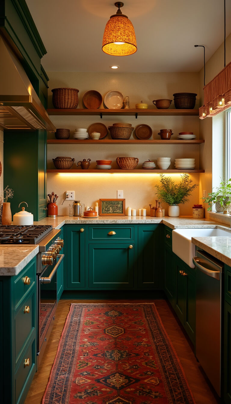 Warmly lit evening kitchen with deep green cabinets, brass hardware, woven pendant lights, under-cabinet lighting, candles, and vintage Persian runner in a cozy 15x20ft open space.