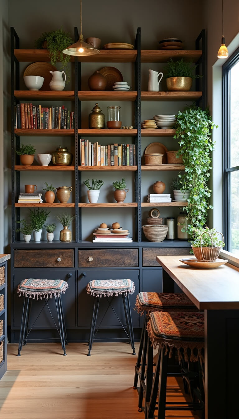 Modern boho kitchen with floor-to-ceiling open shelving in brass, reclaimed wood, and matte black metal, styled with ceramics, cookbooks, plants, and an industrial ladder rail system.